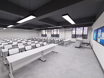 Modern School Classroom With Neatly Arranged White Desks Black Ceiling Beams Hanging Lights And Windows 3d model