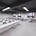 Modern School Classroom With Neatly Arranged White Desks Black Ceiling Beams Hanging Lights And Windows