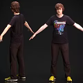 Man In Black T Shirt Brown Pants Yellow Shoes With Extended Arms Front Back Angles