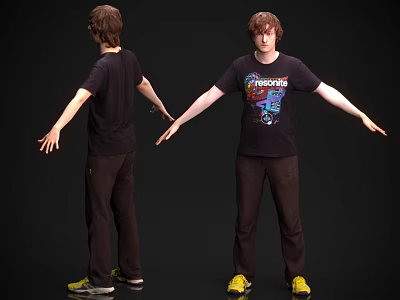 Man In Black T Shirt Brown Pants Yellow Shoes With Extended Arms Front Back Angles 3d model
