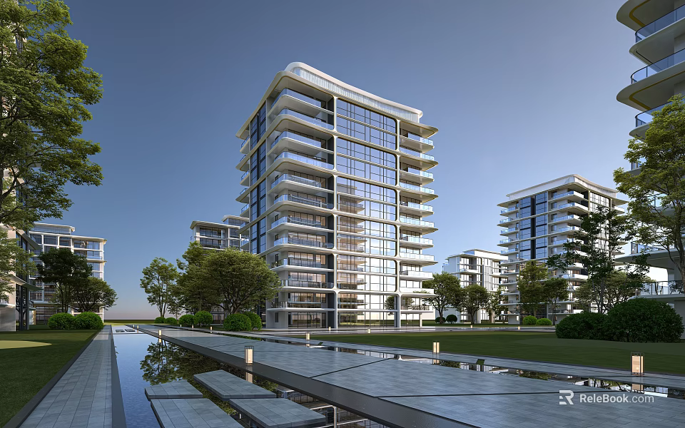 Modern High rise Residential Building With Glass Curtain Wall And Greenery Pool Walkway 3d model 