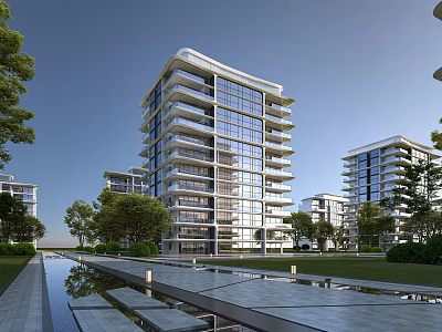 Modern High rise Residential Building With Glass Curtain Wall And Greenery Pool Walkway 3d model