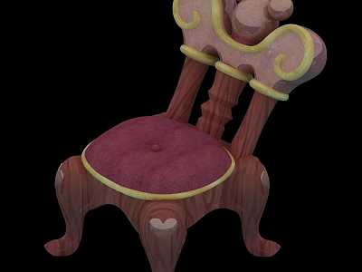 Fairy Tale Style Wooden Leisure Chair With Curved Backrest And Purple Padded Seat 3d model
