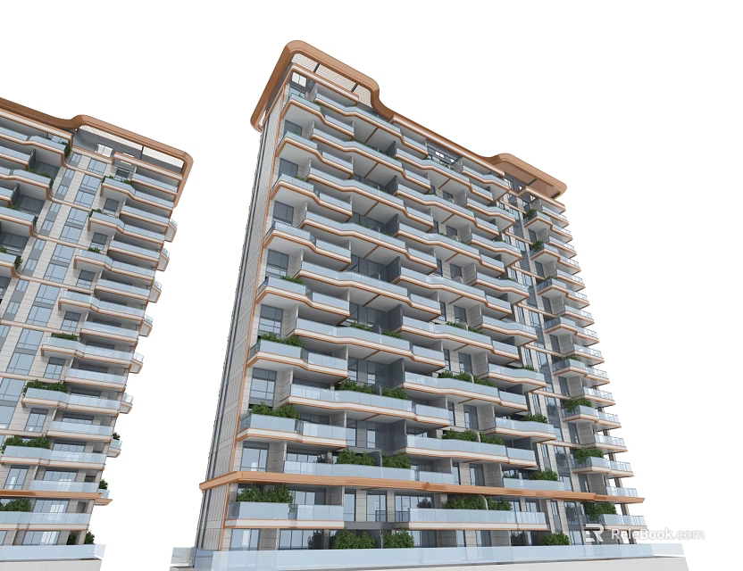 Modern High Rise Residential Building Exterior With Balconies And Green Plants 3d model 