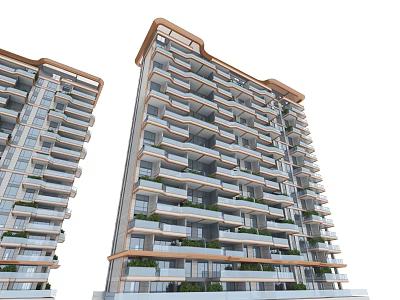 Modern High Rise Residential Building Exterior With Balconies And Green Plants 3d model
