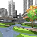 Scenic Modern Commercial Street With High Rise Buildings Greenery Water Stream And Pedestrian Walkways