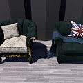 Dark Green Single Sofas With Gold Accents Patterned Cushion Union Jack Pillow And Blue Throw 3d model