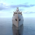Modern Warship On Open Sea With Radar Antennas Upper Deck Structures And Calm Water Reflections