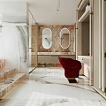 Luxury Modern Bathroom Interior With Marble Walls Two Oval Mirrors And Red Chair