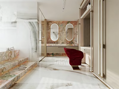 Luxury Modern Bathroom Interior With Marble Walls Two Oval Mirrors And Red Chair 3d model