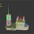 Cartoon Scene of White Building with Green Domes Tall Spire Green Roof and Windows