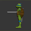 3D Rendered Ninja Turtle Green Body Blue Headband Yellow Shell Brown Strap Weapon Outstretched Arms