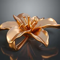 Golden Lily With Metallic Shiny Petals As Decorative Ornament On Dark Reflective Surface