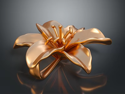Golden Lily With Metallic Shiny Petals As Decorative Ornament On Dark Reflective Surface 3d model