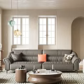 Modern Gray Leather Sectional Sofa Set With Orange And Patterned Pillows In Bright Living Room