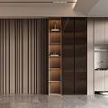Modern Decorative Cabinet Featuring Glass Doors Open Shelves and Lighting with Brown Striped Wall