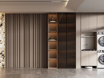 Modern Decorative Cabinet Featuring Glass Doors Open Shelves and Lighting with Brown Striped Wall 3d model