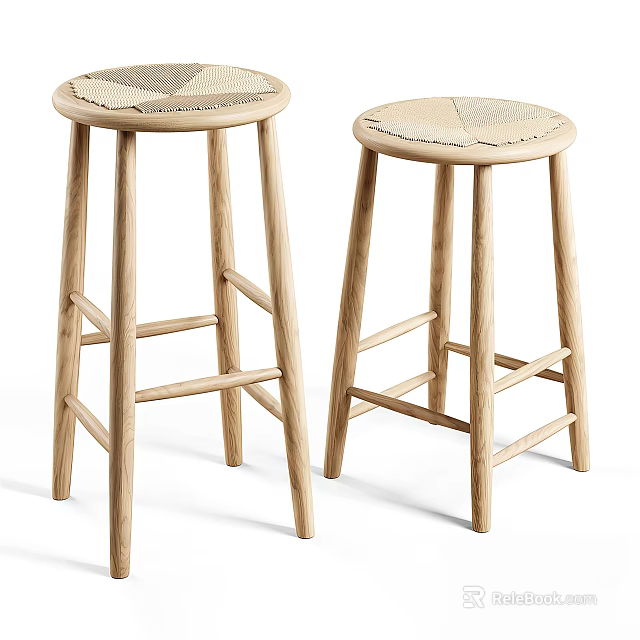 Two Natural Wooden Bar Stools With Woven Seats And Simple Rung Design 3d model 