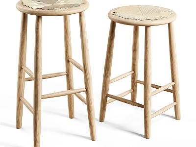 Two Natural Wooden Bar Stools With Woven Seats And Simple Rung Design 3d model