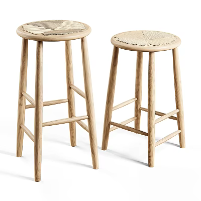 Two Natural Wooden Bar Stools With Woven Seats And Simple Rung Design 3d model