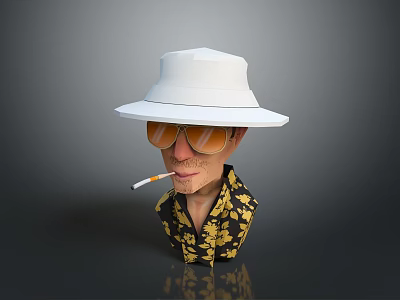 Woman Wearing White Wide Brimmed Hat Orange Sunglasses Black Shirt With Yellow Patterns Holding Cigarette 3d model