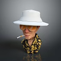 Woman Wearing White Wide Brimmed Hat Orange Sunglasses Black Shirt With Yellow Patterns Holding Cigarette