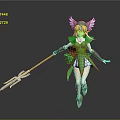 Game and Movie Character in Dynamic Pose Green Outfit With Wings Blonde Hair and Spear