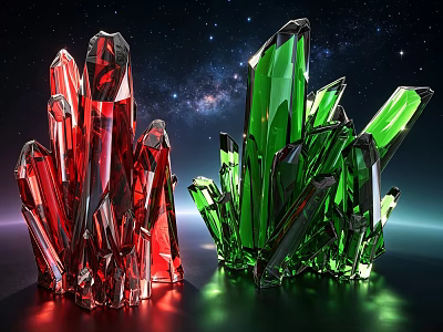 Red And Green Stone Crystals Display With Starry Sky Background And Earth View 3d model