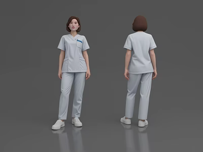 Woman Wearing White Medical Scrubs Front And Back Standing Views 3d model