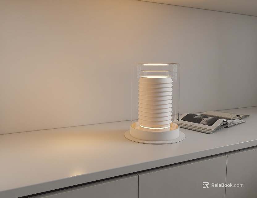 Modern Spiral Design Table Lamp with Transparent Shade Warm Light and Magazine on Countertop 3d model 