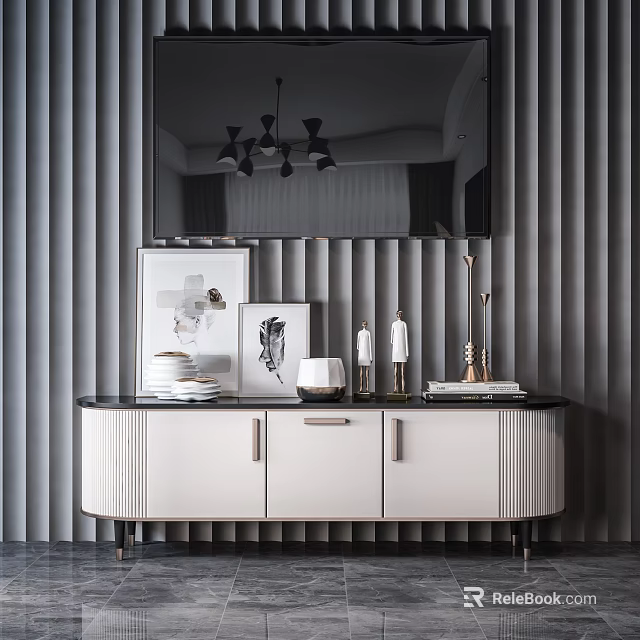 Modern White TV Stand With Cabinet Doors And Decorative Artwork Against Gray Striped Wall 3d model 