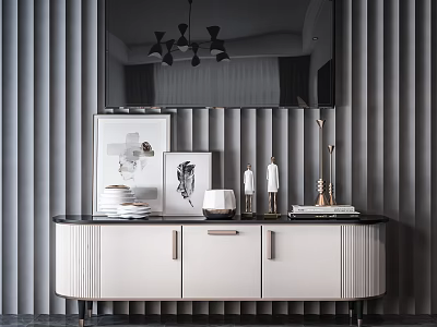Modern White TV Stand With Cabinet Doors And Decorative Artwork Against Gray Striped Wall 3d model