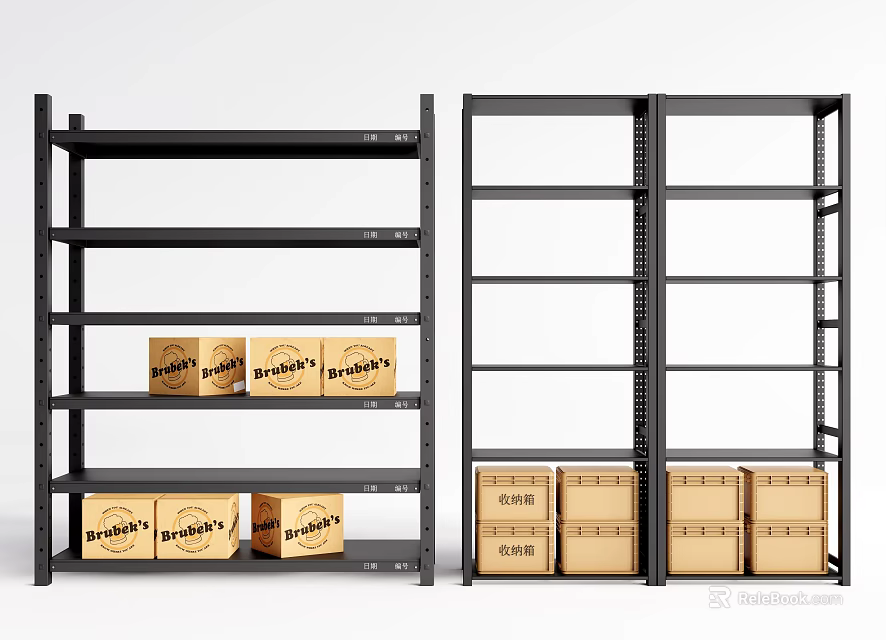 Black Display Racks With Multiple Tiers And Labeled Cardboard Boxes 3d model 
