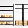 Black Display Racks With Multiple Tiers And Labeled Cardboard Boxes 3d model
