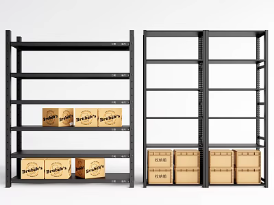 Black Display Racks With Multiple Tiers And Labeled Cardboard Boxes 3d model