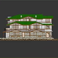 Cartoon Style House With Green Roof Multiple Floors Balcony And Grass Area