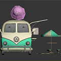 Cute Turquoise Cream Ice Cream Truck With Pink Ice Cream Cone And Umbrella Table