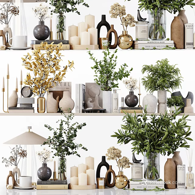 Elegant Ornamental Decor Arrangement With Green Plants Vases Candles Books And Decorative Sculptures 3d model 
