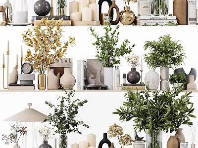 Elegant Ornamental Decor Arrangement With Green Plants Vases Candles Books And Decorative Sculptures 3d model