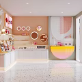Bright Pink White Store Interior With Curved Design Display Shelves And Colorful Counter