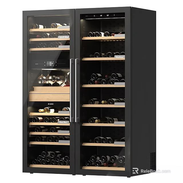 Modern Black Double Door Wine Cooler With Multiple Shelves For Wine Storage 3d model 