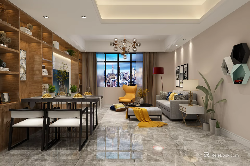 Modern Open Living and Dining Room Interior With Sofa Dining Table Chandelier and City View 3d model 
