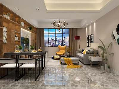 Modern Open Living and Dining Room Interior With Sofa Dining Table Chandelier and City View 3d model