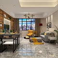 Modern Open Living and Dining Room Interior With Sofa Dining Table Chandelier and City View