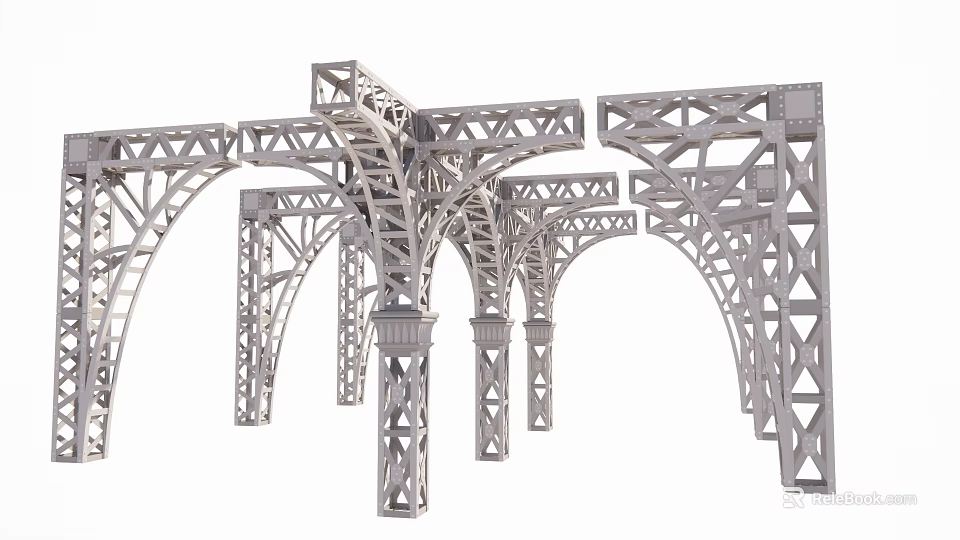 Metal Truss Arched Structures With Industrial Framework And Steel Supports 3d model 