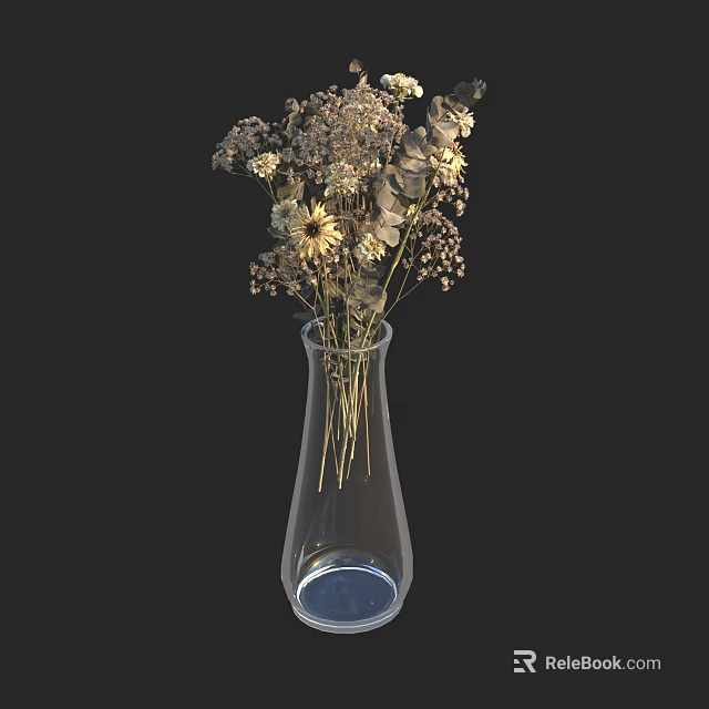 Transparent Glass Vase With Slender Design Holding Mixed Dried Flowers Arrangement Against Black Background 3d model 