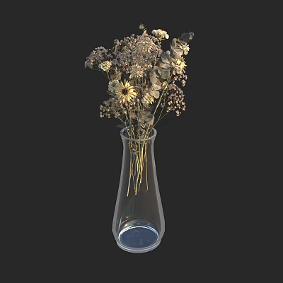 Transparent Glass Vase With Slender Design Holding Mixed Dried Flowers Arrangement Against Black Background 3d model
