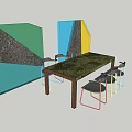 Colorful Dining Table Set With Multicolored Chairs And Geometric Background Panels