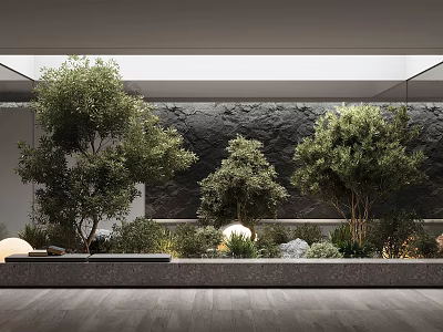 Stylish Garden Decor with Lush Trees Stone Accents and Soft Ambient Lighting 3d model