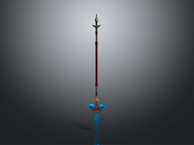 Fantasy Spear Weapon With Long Shaft Golden Tip And Blue Accents 3d model
